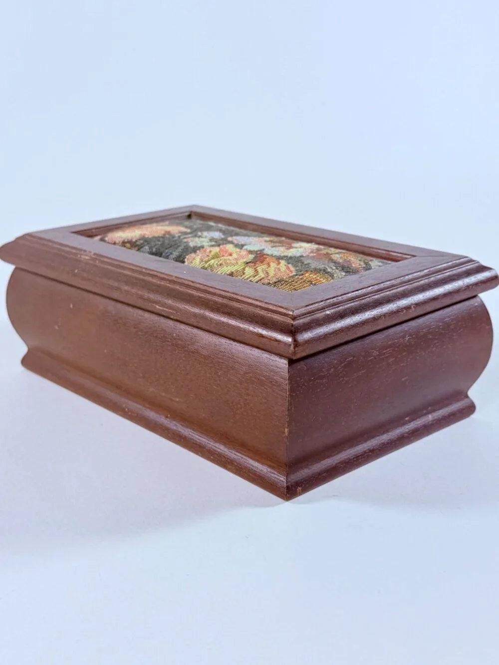 Vintage Wooden Jewelry Box W/Floral Needlepoint Lid Mirror Interior Tray Missing